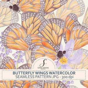 Può includere: Motivo acquerello senza cuciture con ali di farfalla monarca nei toni dell'arancione, marrone e bianco. Il design include fiori viola e il testo "BUTTERFLY WINGS WATERCOLOR SEAMLESS PATTERN JPG - 300 dpi".