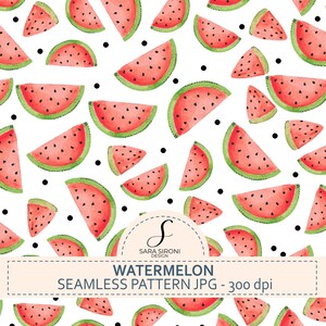 Può includere: Motivo senza cuciture ad acquerello con fette di anguria rosse e verdi, su sfondo bianco con pois neri. Il design include il testo "WATERMELON SEAMLESS PATTERN JPG - 300 dpi".