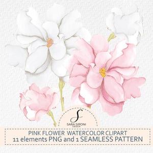 Può includere: Illustrazione ad acquerello di fiori bianchi e rosa tenue con centri gialli su uno sfondo bianco strutturato. È presente un logo circolare con il testo SARA SIRONI DESIGN, insieme al testo PINK FLOWER WATERCOLOR CLIPART 11 elements PNG and 1 SEAMLESS PATTERN.