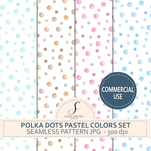 Può includere: Un design digitale con quattro motivi senza cuciture con pois pastello nei toni del blu, marrone, rosa e blu. Il design include il testo "POLKA DOTS PASTEL COLORS SET SEAMLESS PATTERN JPG - 300 dpi" e un'etichetta "COMMERCIAL USE".