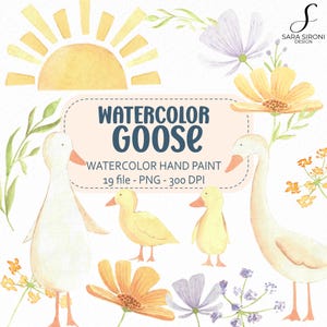 Può includere: Illustrazione ad acquerello con oche, anatroccoli, fiori e un sole. Il testo recita "WATERCOLOR GOOSE" e "WATERCOLOR HAND PAINT". L'immagine include fiori gialli, arancioni e viola e fogliame verde.