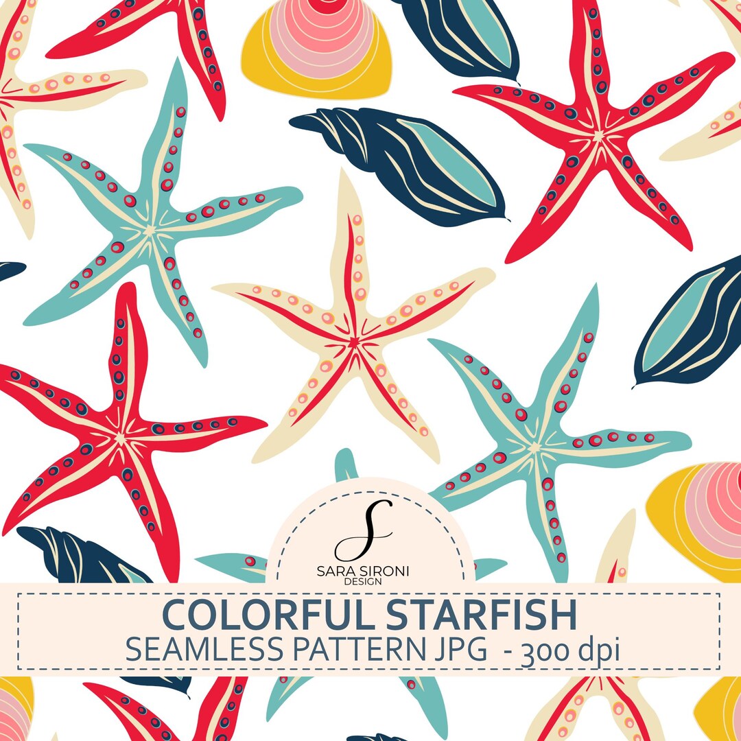 Starfish and Shell Design Seamless Pattern, Red, Blue & Turquoise Pink ...