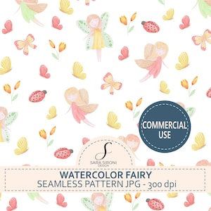 Può includere: Motivo senza cuciture ad acquerello con fate, farfalle, coccinelle e fiori nei toni del rosa, giallo e arancione su sfondo bianco. Il design include il testo "Watercolor Fairy Seamless Pattern JPG - 300 dpi".