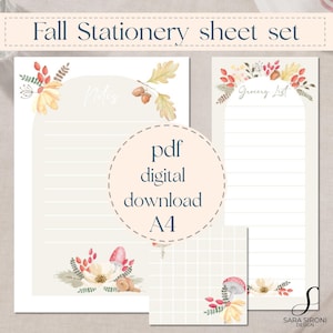 Può includere: Un set di cancelleria a tema autunnale con illustrazioni ad acquerello. Il set include un foglio di note a righe, una lista della spesa e un piccolo foglio a quadretti. Il design presenta fogliame autunnale, funghi e il testo "Fall Stationery sheet set".