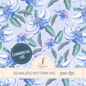 Tropical blue flower watercolor seamless pattern, cottagecore aesthetic print, jpg 300 dpi digital download