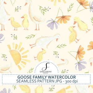 Può includere: Motivo senza cuciture ad acquerello con una famiglia di oche, anatroccoli, fiori e un sole su sfondo crema. Il design include oche bianche, anatroccoli gialli, fiori arancioni e viola e foglie verdi. Il testo in basso recita "GOOSE FAMILY WATERCOLOR SEAMLESS PATTERN JPG - 300 dpi."