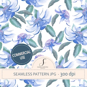 Tropical blue flower watercolor seamless pattern, cottagecore aesthetic print, jpg 300 dpi digital download