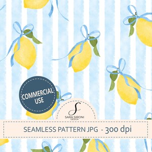 Coquette Lemon and Bow Seamless Pattern, Italian Elegant Print, yellow and blue, Mediterranean  Wallpaper, Digital Download, Commercial Use