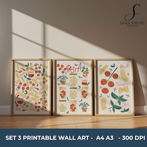 Decoración de pared para cocina de pasta, 3 pósteres, juego de láminas para cocina de pasta, póster de cocina italiana, lámina de arte gastronómico de moda, decoración para el comedor, decoración de la cocina