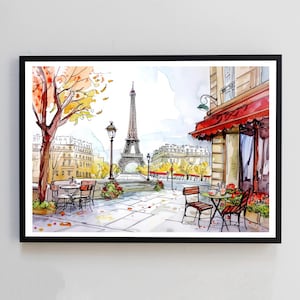 Paris Cafe Eiffel Tower Autumn Coffee Shop Landscape City Travel France Watercolour Painting Digital Illustration Home Decor Wall Art Print