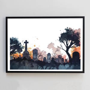 Gothic Cemetery Church Graveyard Landscape Gloomy Tombstones Watercolour Painting Digital Illustration Home Decor Wall Art Print