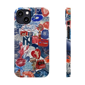 レッド ブルー コラージュ 携帯ケース、クールでプレッピーな美学、iPhone 15 14 13 12 11 Pro Max 8 Plus X