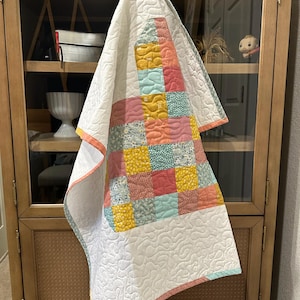 Heart Baby Quilt, Pink Coral Yellow Cotton Crib Blanket, Quilted Bear Baby Shower Gift