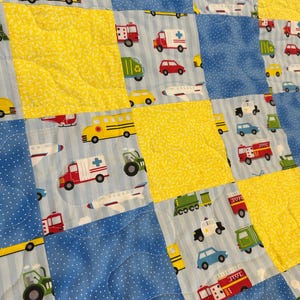 Transportation Toddler Quilt: Yellow Blue Cotton Bedroom Blanket, 44.5x40 image 2