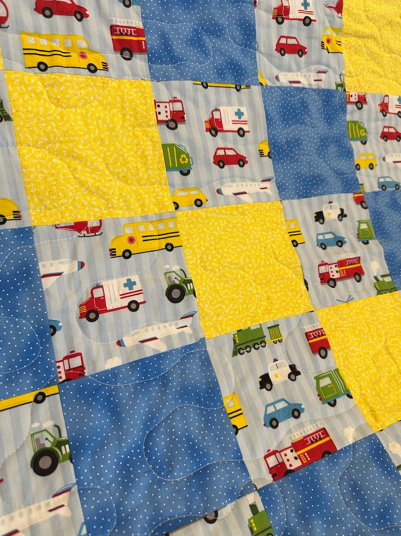 Transportation Toddler Quilt: Yellow Blue Cotton Bedroom Blanket, 44.5x40 image 2