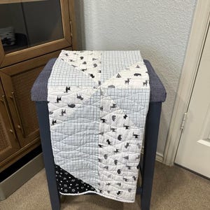 Woodland Windmill Baby Quilt, Black White Cotton Crib Blanket, Gender Neutral Gift, 36x42