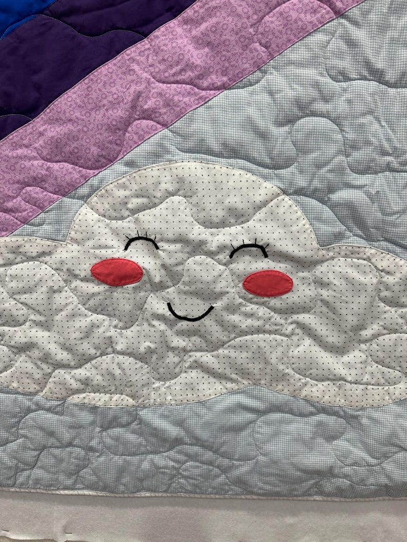 Handmade Rainbow Sun Cloud Baby Quilt, Smiling Sun Cloud Applique, Pastel Rainbow Stripes, Cotton Crib Blanket, Nursery Gift image 5