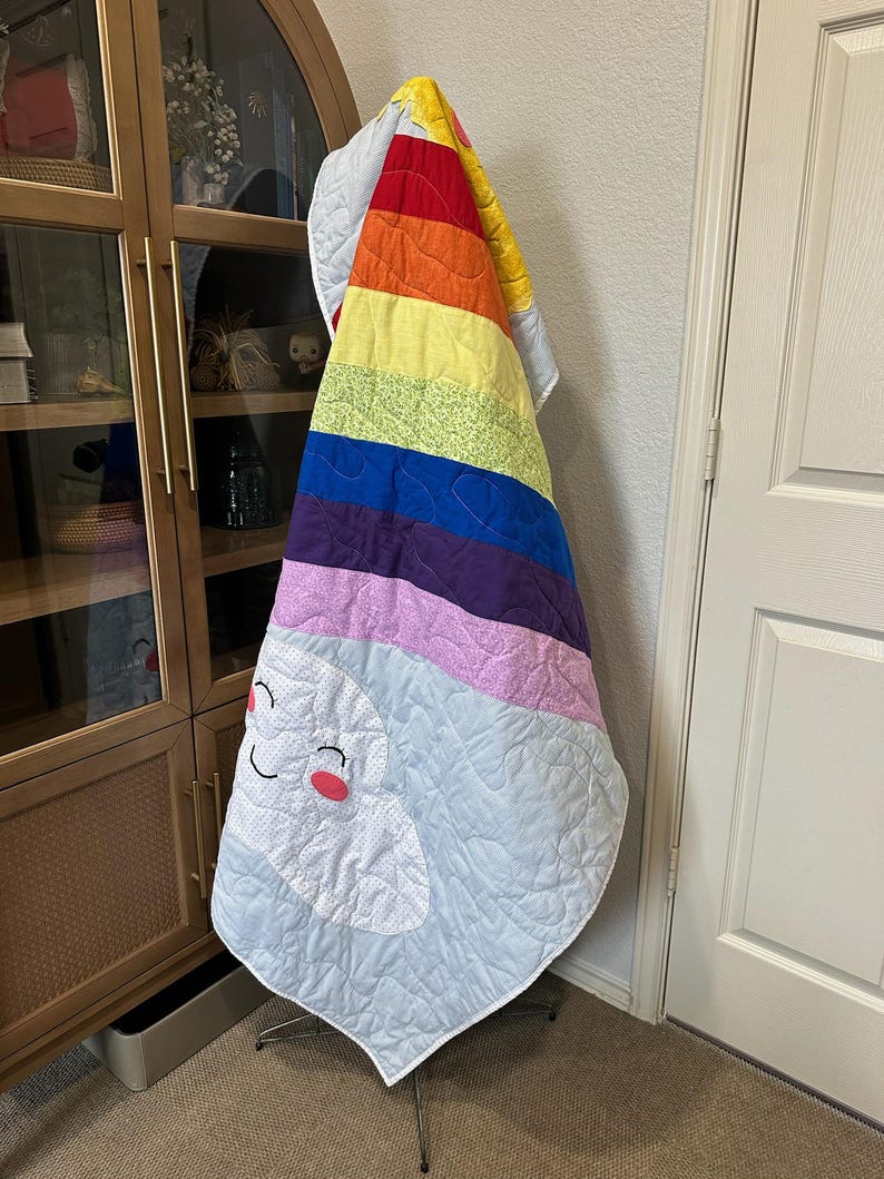 Handmade Rainbow Sun Cloud Baby Quilt, Smiling Sun Cloud Applique, Pastel Rainbow Stripes, Cotton Crib Blanket, Nursery Gift image 8