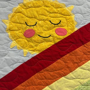 Handmade Rainbow Sun Cloud Baby Quilt, Smiling Sun Cloud Applique, Pastel Rainbow Stripes, Cotton Crib Blanket, Nursery Gift image 4
