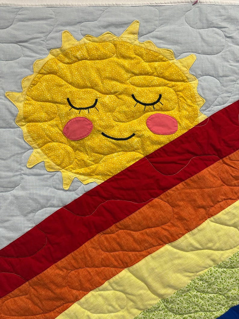 Handmade Rainbow Sun Cloud Baby Quilt, Smiling Sun Cloud Applique, Pastel Rainbow Stripes, Cotton Crib Blanket, Nursery Gift image 4
