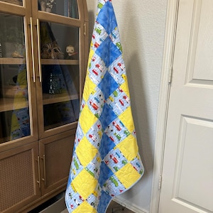 Transportation Toddler Quilt: Yellow Blue Cotton Bedroom Blanket, 44.5x40 image 6
