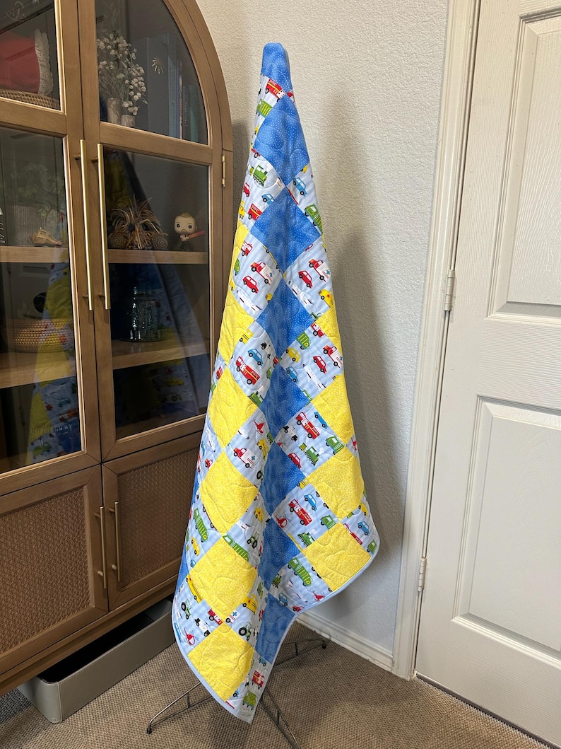 Transportation Toddler Quilt: Yellow Blue Cotton Bedroom Blanket, 44.5x40 image 6