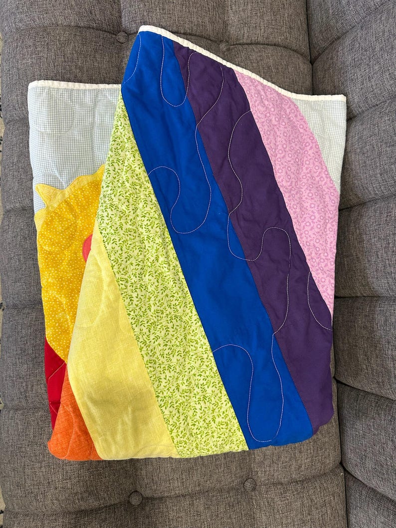 Handmade Rainbow Sun Cloud Baby Quilt, Smiling Sun Cloud Applique, Pastel Rainbow Stripes, Cotton Crib Blanket, Nursery Gift image 3