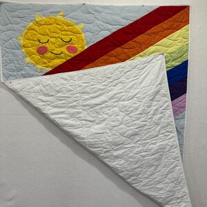 Handmade Rainbow Sun Cloud Baby Quilt, Smiling Sun Cloud Applique, Pastel Rainbow Stripes, Cotton Crib Blanket, Nursery Gift image 10