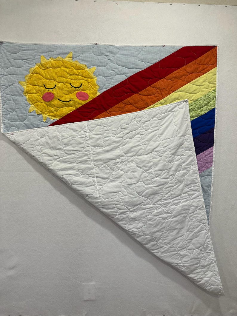 Handmade Rainbow Sun Cloud Baby Quilt, Smiling Sun Cloud Applique, Pastel Rainbow Stripes, Cotton Crib Blanket, Nursery Gift image 10