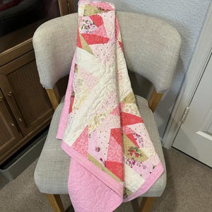 Rose Block Baby Quilt, Pink Coral Floral Cotton Crib Blanket, Baby Shower Gift, 36x42