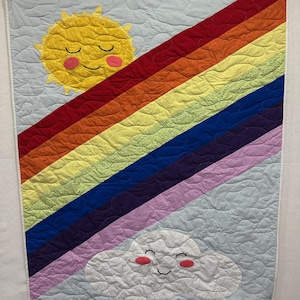 Handmade Rainbow Sun Cloud Baby Quilt, Smiling Sun Cloud Applique, Pastel Rainbow Stripes, Cotton Crib Blanket, Nursery Gift image 1