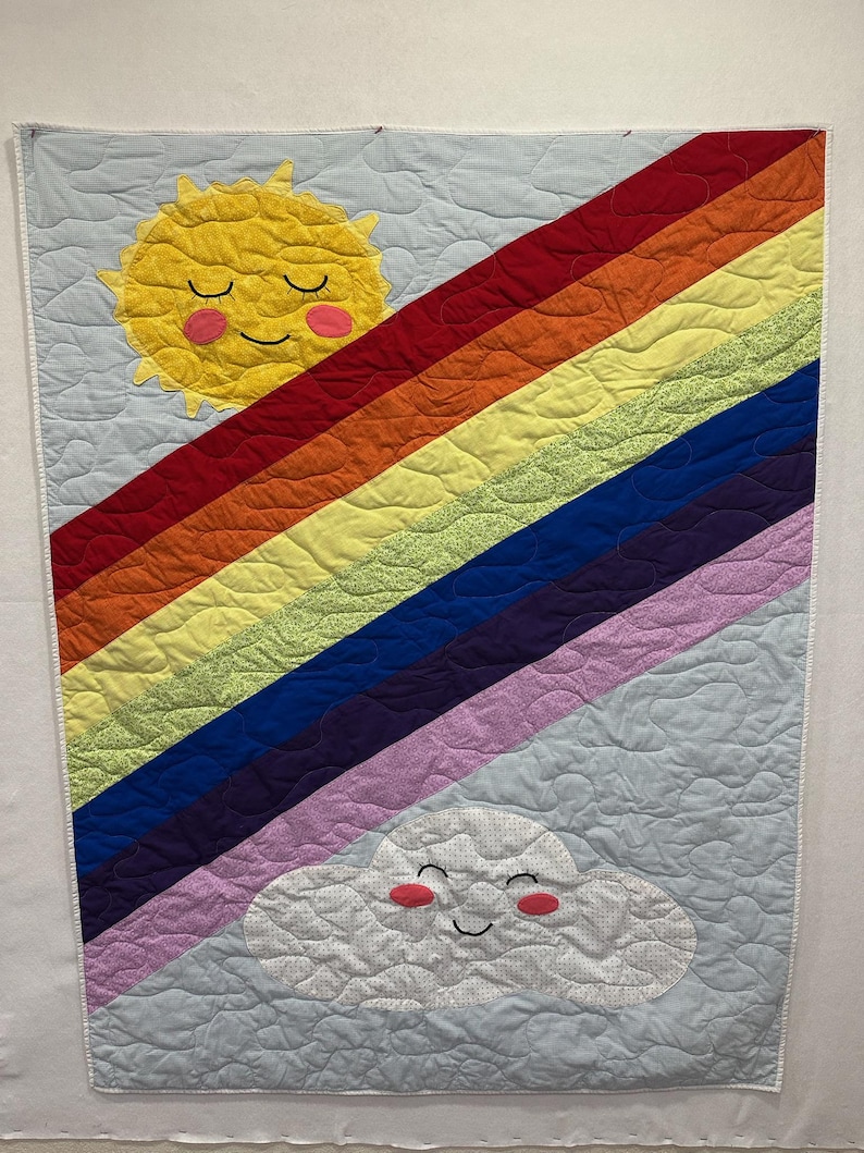 Handmade Rainbow Sun Cloud Baby Quilt, Smiling Sun Cloud Applique, Pastel Rainbow Stripes, Cotton Crib Blanket, Nursery Gift image 1