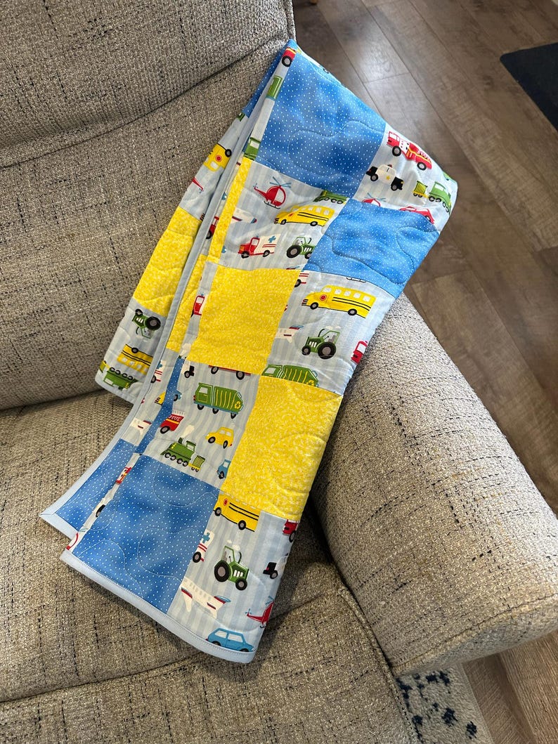 Transportation Toddler Quilt: Yellow Blue Cotton Bedroom Blanket, 44.5x40 image 3