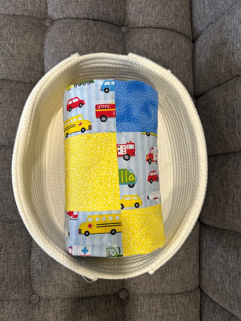 Transportation Toddler Quilt: Yellow Blue Cotton Bedroom Blanket, 44.5x40 image 1
