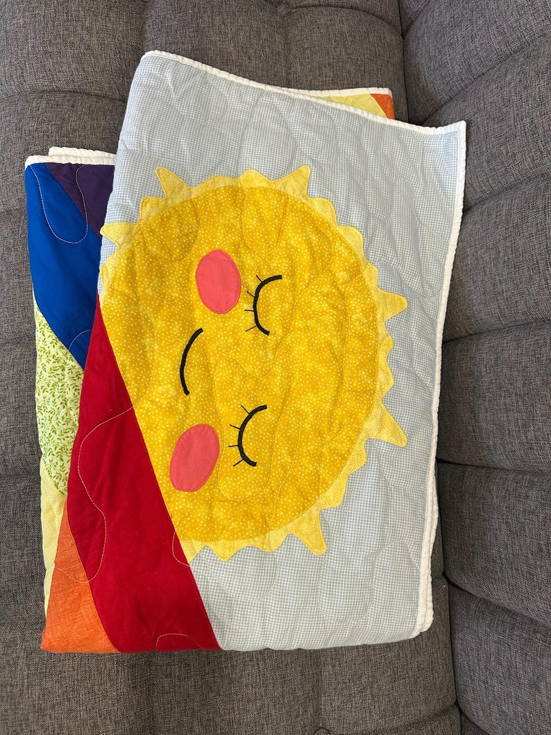 Handmade Rainbow Sun Cloud Baby Quilt, Smiling Sun Cloud Applique, Pastel Rainbow Stripes, Cotton Crib Blanket, Nursery Gift image 9
