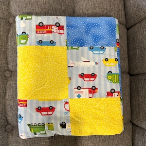 Transportation Toddler Quilt: Yellow Blue Cotton Bedroom Blanket, 44.5x40 image 8