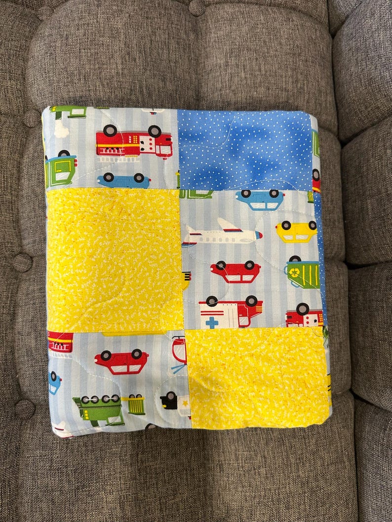 Transportation Toddler Quilt: Yellow Blue Cotton Bedroom Blanket, 44.5x40 image 8