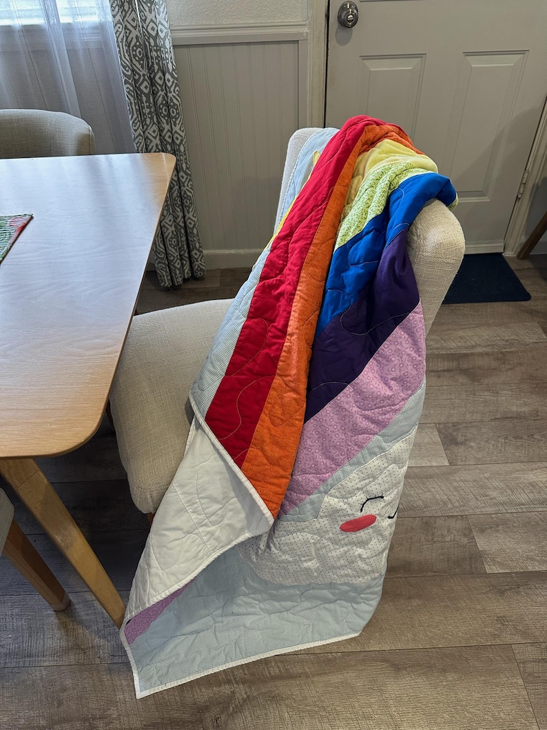 Handmade Rainbow Sun Cloud Baby Quilt, Smiling Sun Cloud Applique, Pastel Rainbow Stripes, Cotton Crib Blanket, Nursery Gift image 2