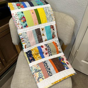 Scrappy Rainbow Baby Quilt, Colorful Cotton Crib Blanket, Handmade Baby Shower Gift, 36x42