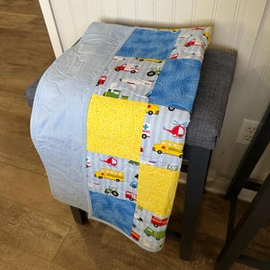 Transportation Toddler Quilt: Yellow Blue Cotton Bedroom Blanket, 44.5x40 image 7