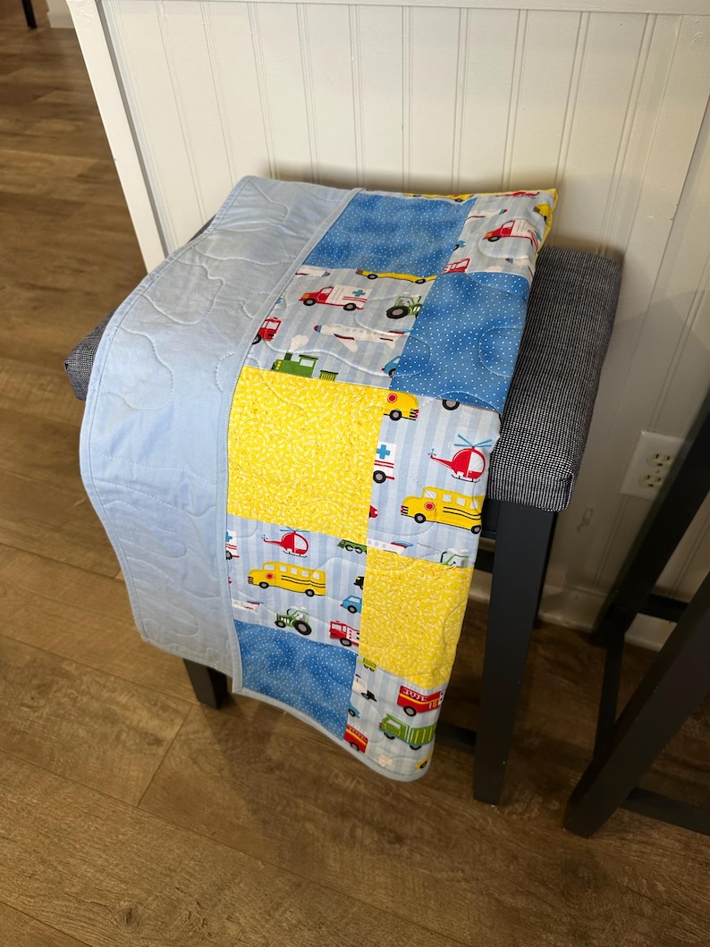 Transportation Toddler Quilt: Yellow Blue Cotton Bedroom Blanket, 44.5x40 image 7