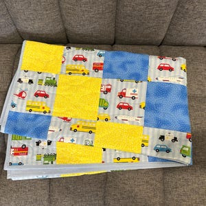 Transportation Toddler Quilt: Yellow Blue Cotton Bedroom Blanket, 44.5x40 image 9