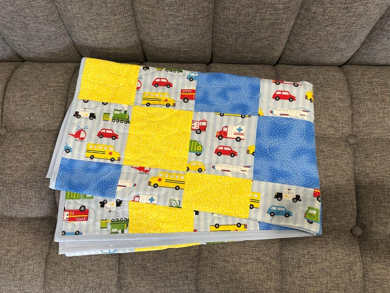 Transportation Toddler Quilt: Yellow Blue Cotton Bedroom Blanket, 44.5x40 image 9