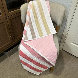 Sage Pink Striped Baby Quilt, Reversible Cotton Crib Blanket, Quilted Bear Gift, 36x42