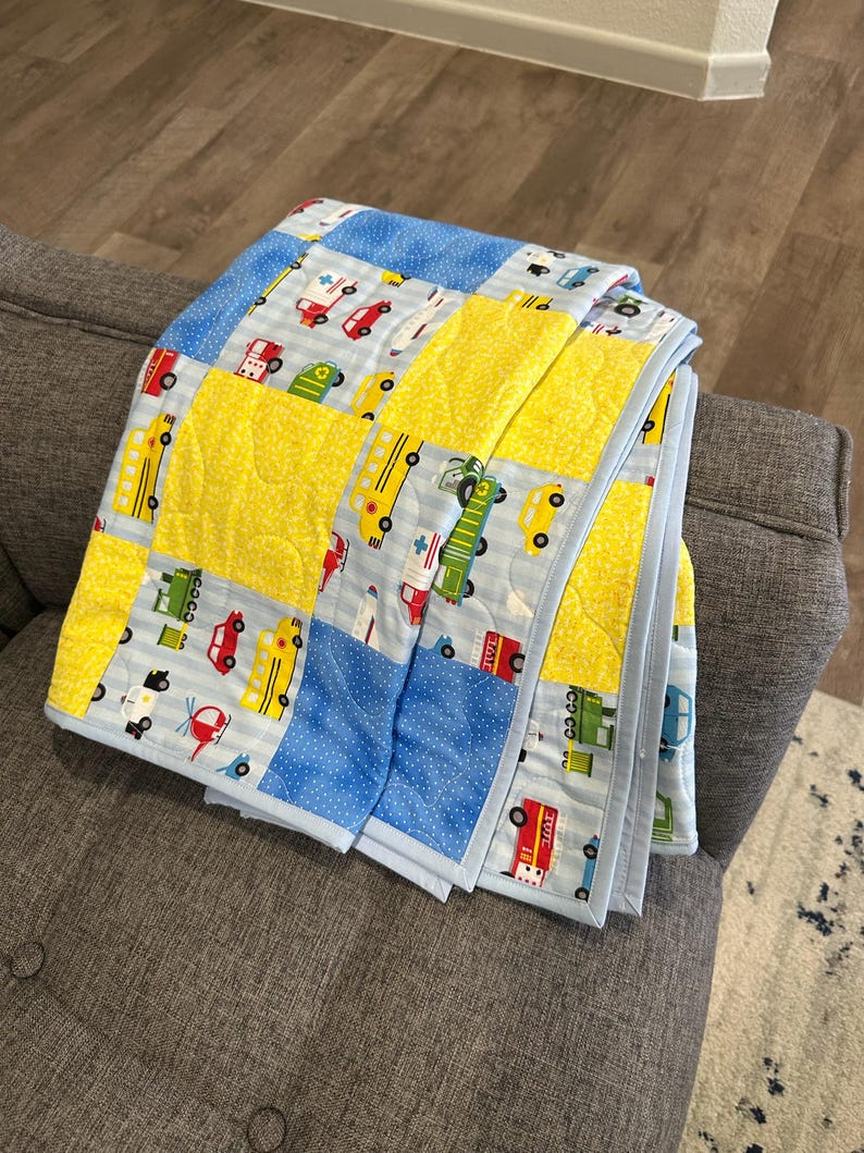Transportation Toddler Quilt: Yellow Blue Cotton Bedroom Blanket, 44.5x40 image 10