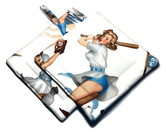 Quilted Pot holders, Set of 2, Baseball PinUp Girls, Alexander Henry