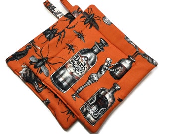 Quilted Pot Holders Set of 2 Bugs , Bats & Potions Orange Black