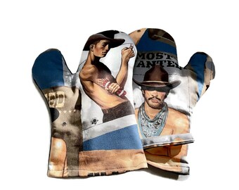 Oven Mitts, set of 2, Hot Cowboys on Wanted Posters, Alexander Henry