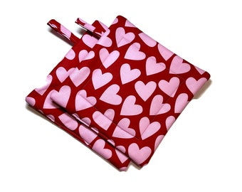 Quilted Pot Holders, Set of 2, Hearts, Valentine’s Day Red