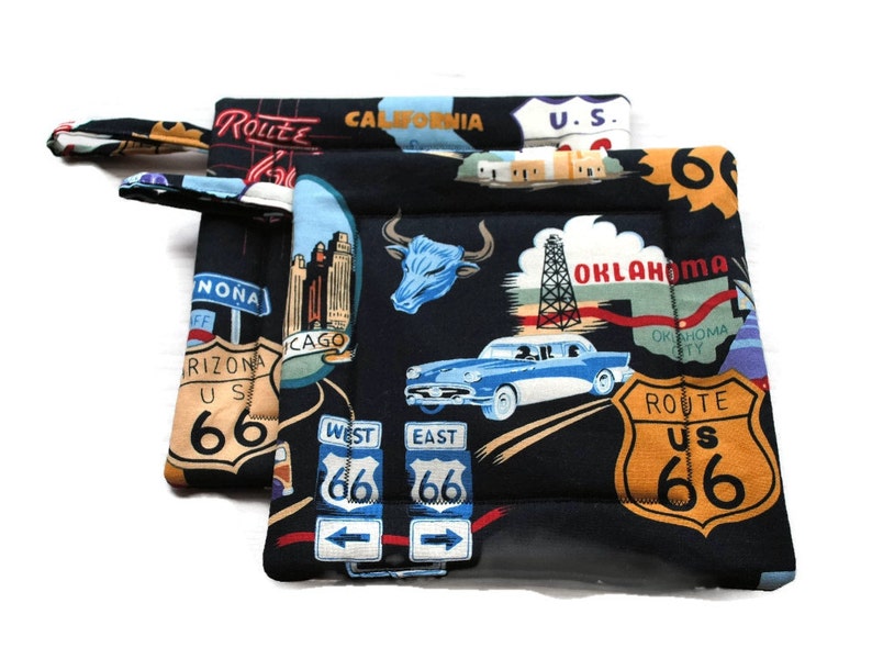 Quilted Pot Holders, Route 66, set of 2, Black Alexander Henry image 2